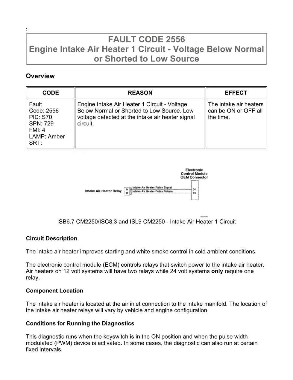 Cummins fault code 2556 — Engine Intake Air Heater 1 Circuit, SPN - preview page 1 of 6