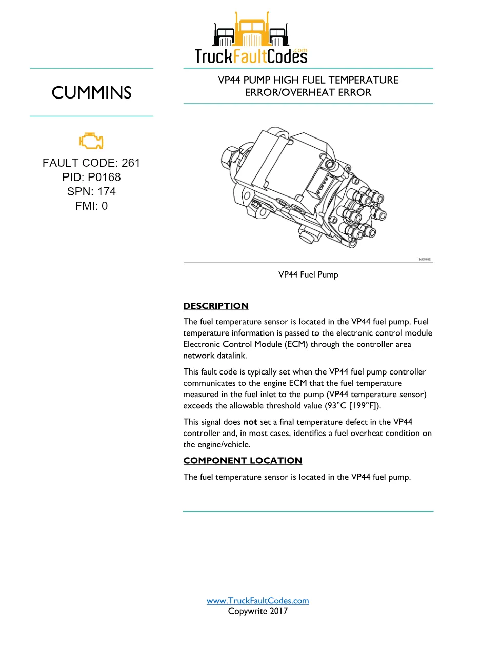Cummins fault code 261 Troubleshooting Manual — VP44 Pump High - preview page 1 of 3