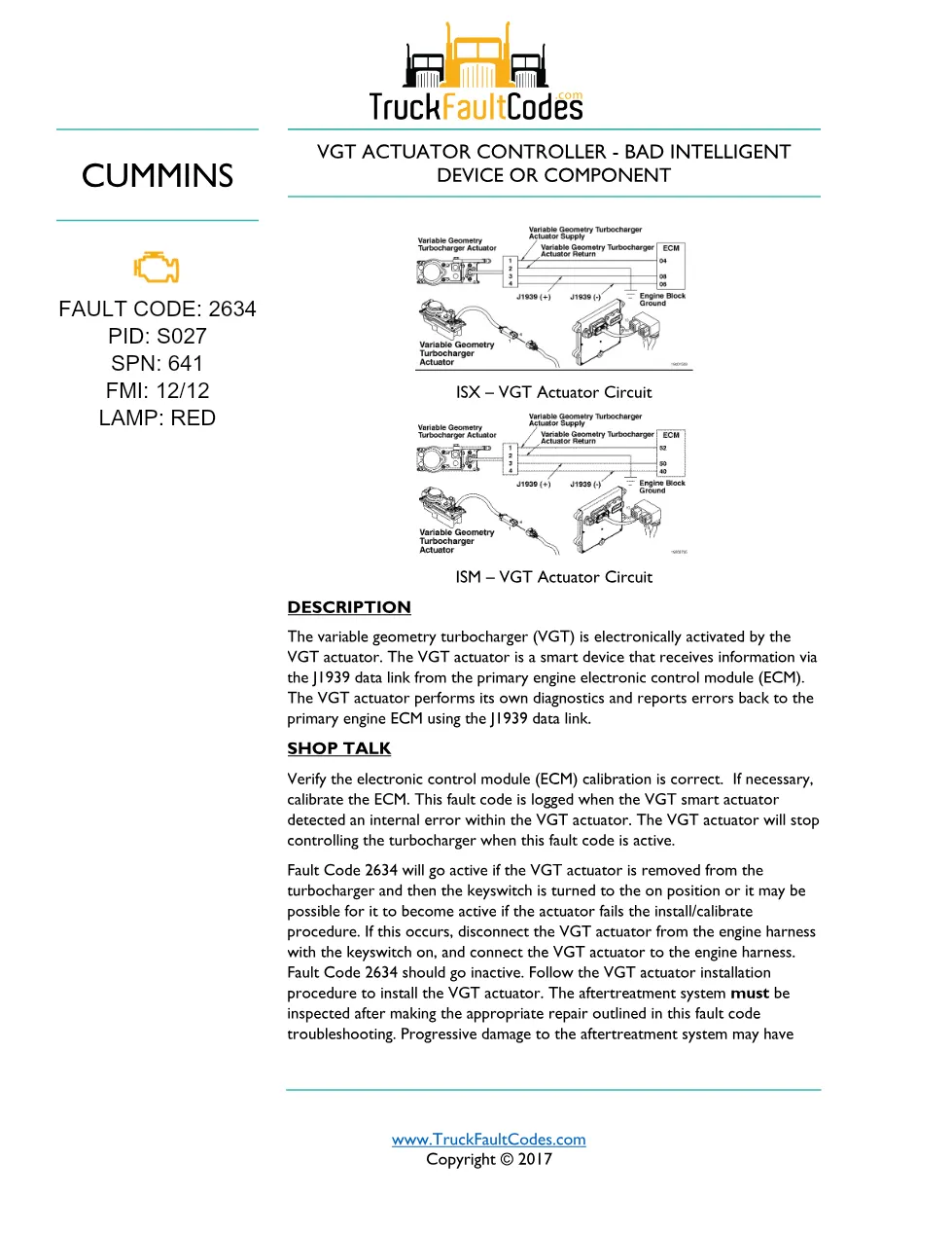 Cummins fault code 2634 — ISM CM871 (2007-09) DTC manual — SPN - preview page 1 of 3