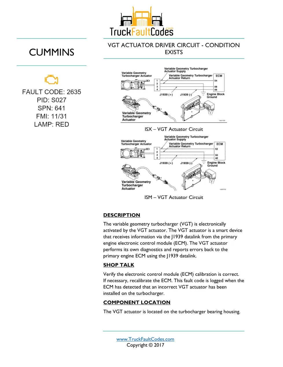 Cummins fault code 2635 — VGT actuator driver circuit — Cummins - preview page 1 of 2