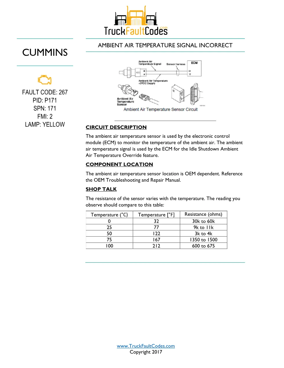 Cummins fault code 267 — Ambient Air Temperature Signal – Service - preview page 1 of 2