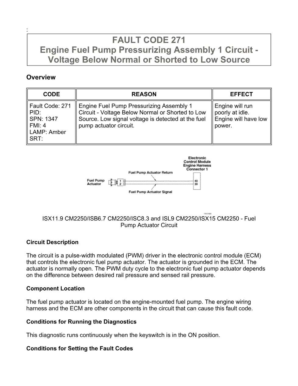 Cummins fault code 271 manual — Engine Fuel Pump Pressurizing - preview page 1 of 6