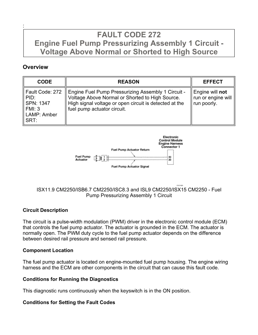 Cummins fault code 272 manual — Engine Fuel Pump Pressurizing - preview page 1 of 6