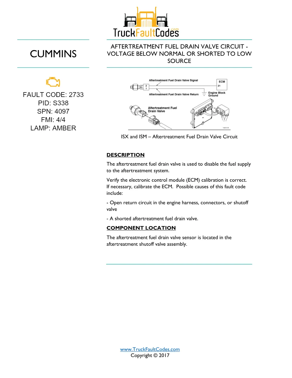 Cummins fault code 2733 — ISM CM871 (2007-09) DTC manual — SPN - preview page 1 of 6