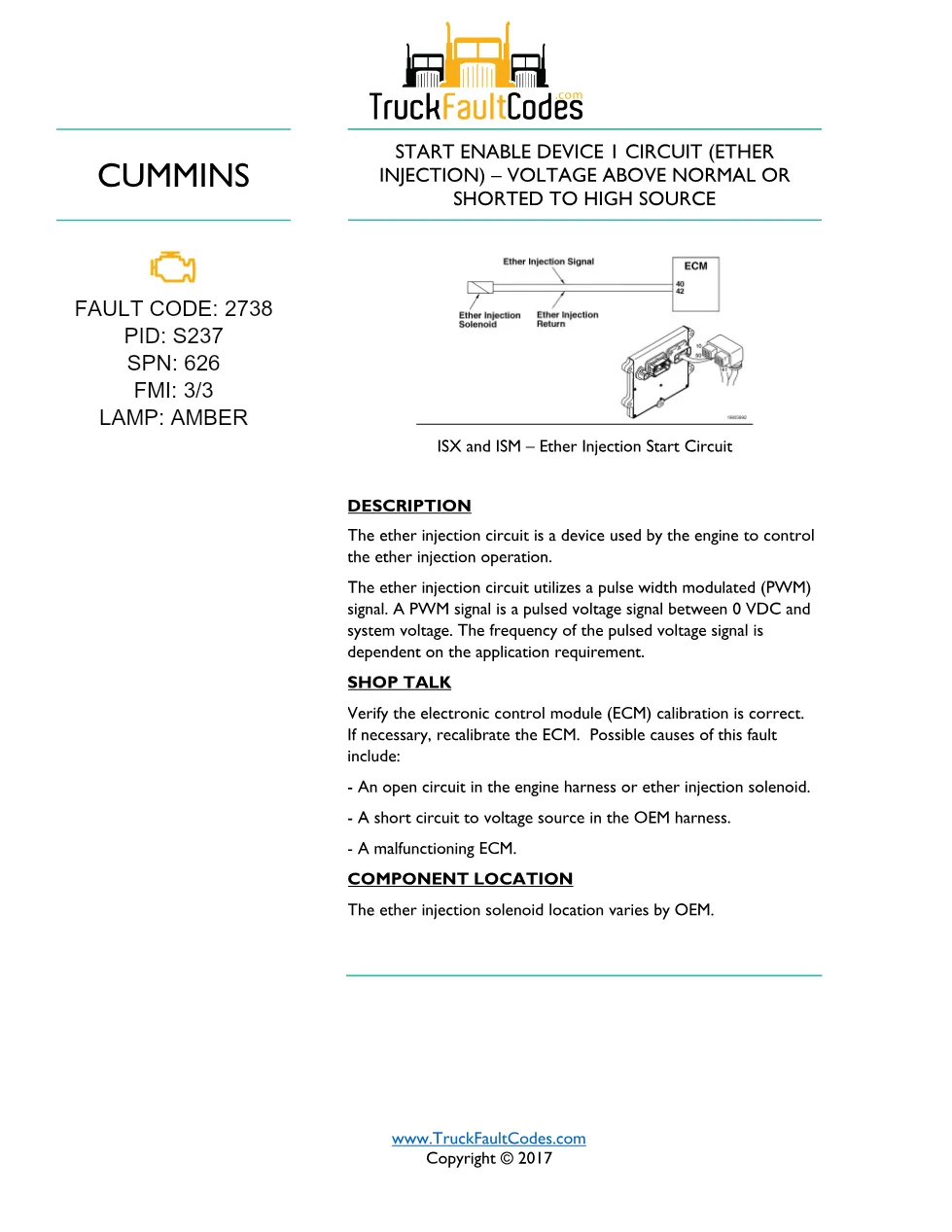 Cummins fault code 2738 — ISM CM871 (2007-09) DTC manual — SPN - preview page 1 of 5