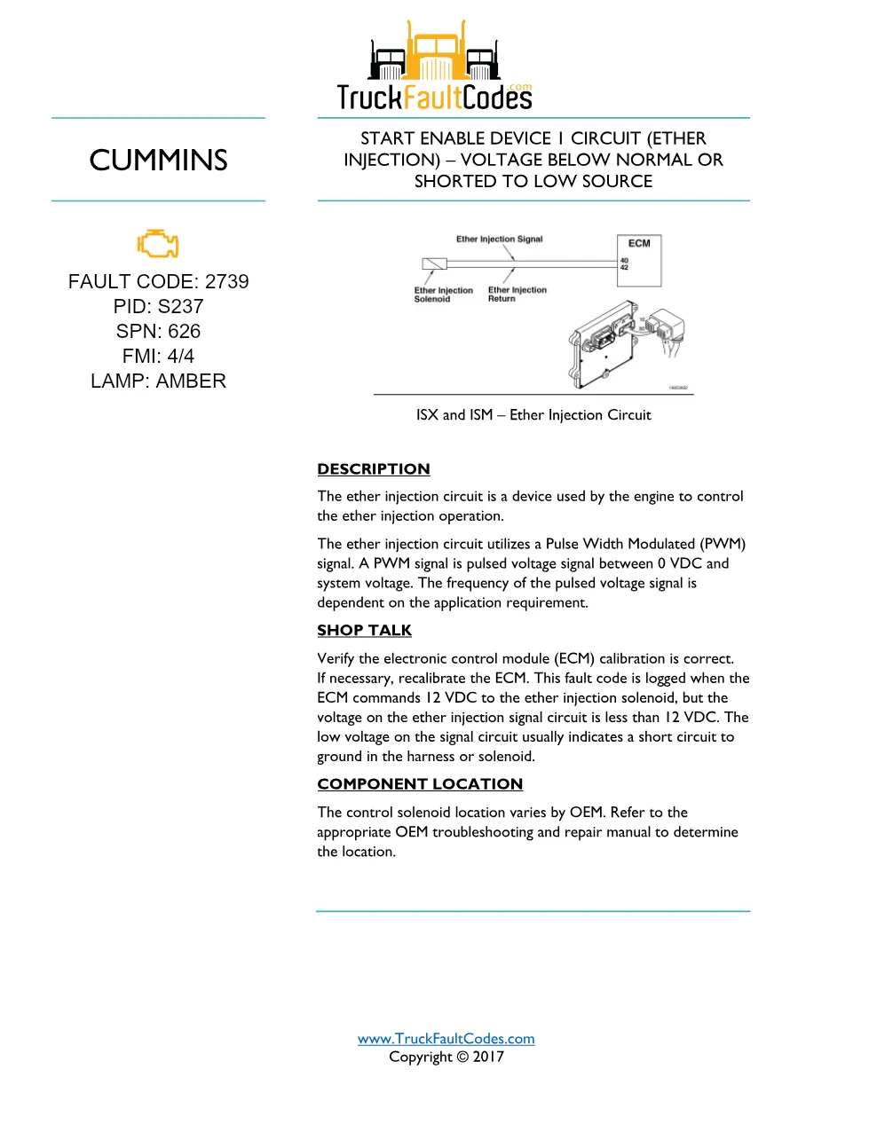 Cummins fault code 2739 — ether injection start enable — Cummins - preview page 1 of 5