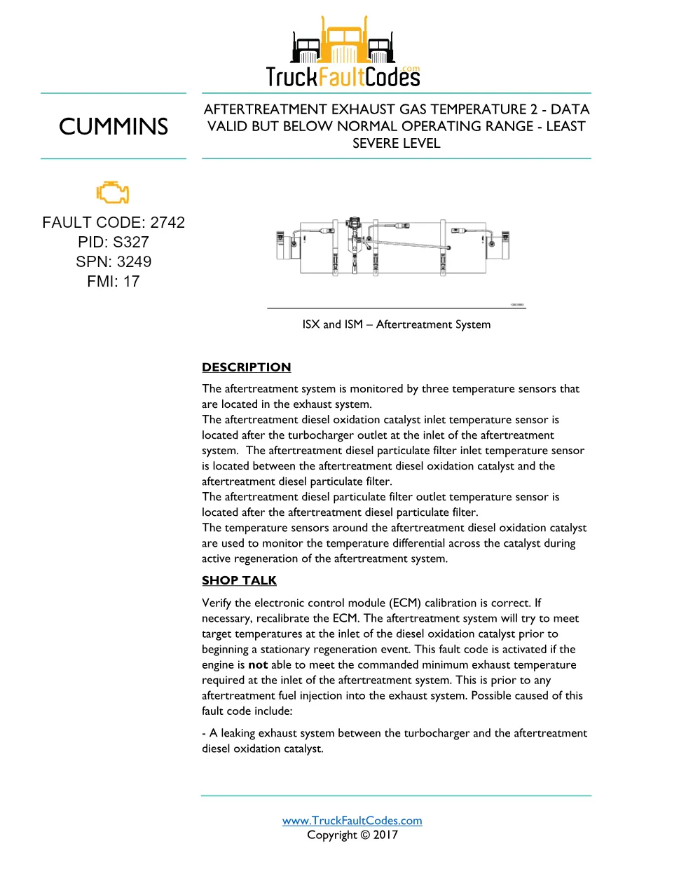 Cummins fault code 2742 — exhaust gas temperature 2 low — Cummins - preview page 1 of 4