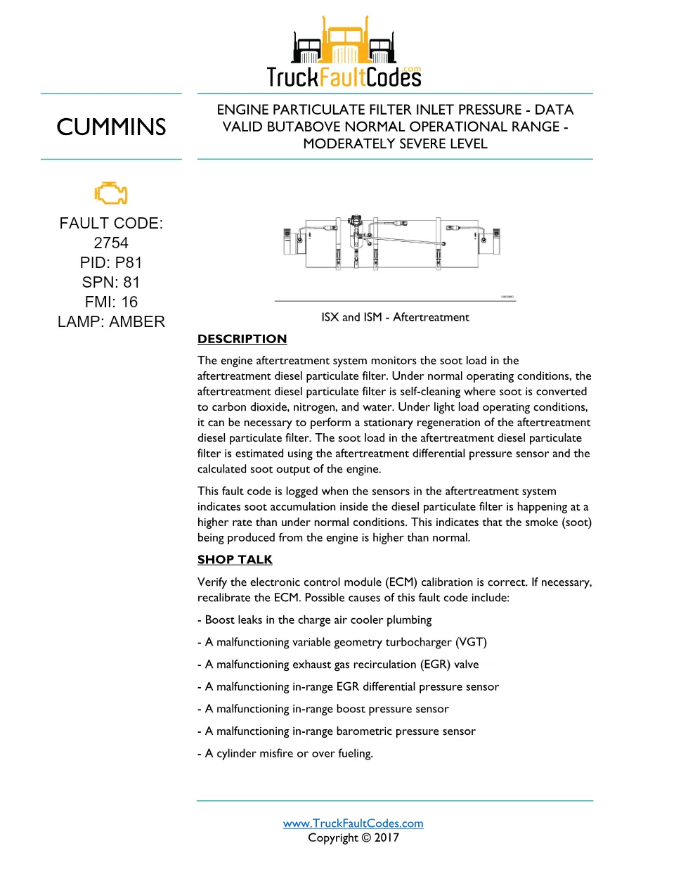 Cummins fault code 2754 — particulate filter inlet pressure - preview page 1 of 4