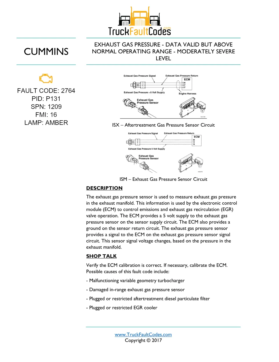 Cummins fault code 2764 — exhaust gas pressure high — Cummins ISM - preview page 1 of 3