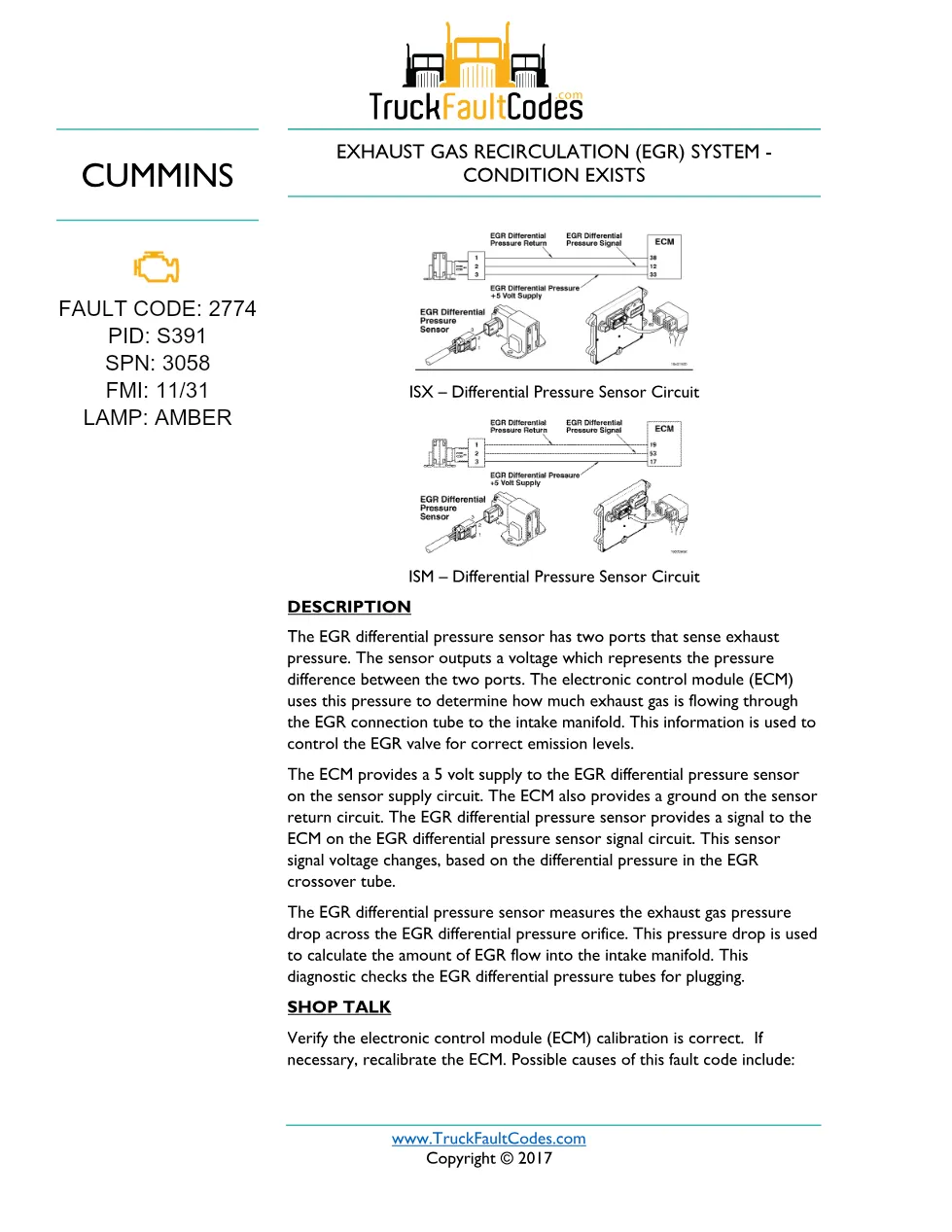 Cummins fault code 2774 — EGR differential pressure system - preview page 1 of 3