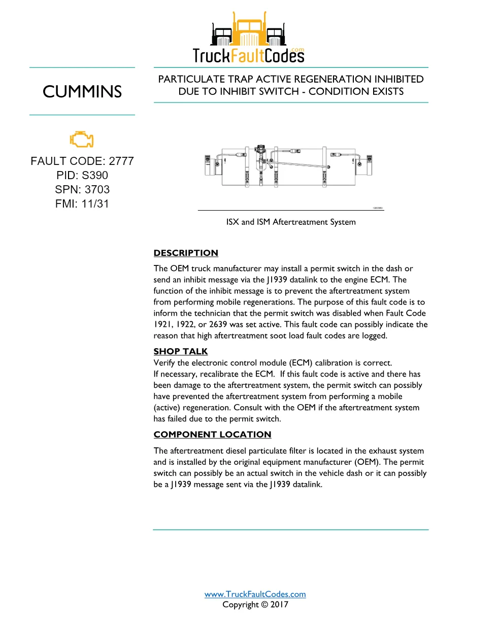 Cummins fault code 2777 — particulate trap regen inhibited - preview page 1 of 2