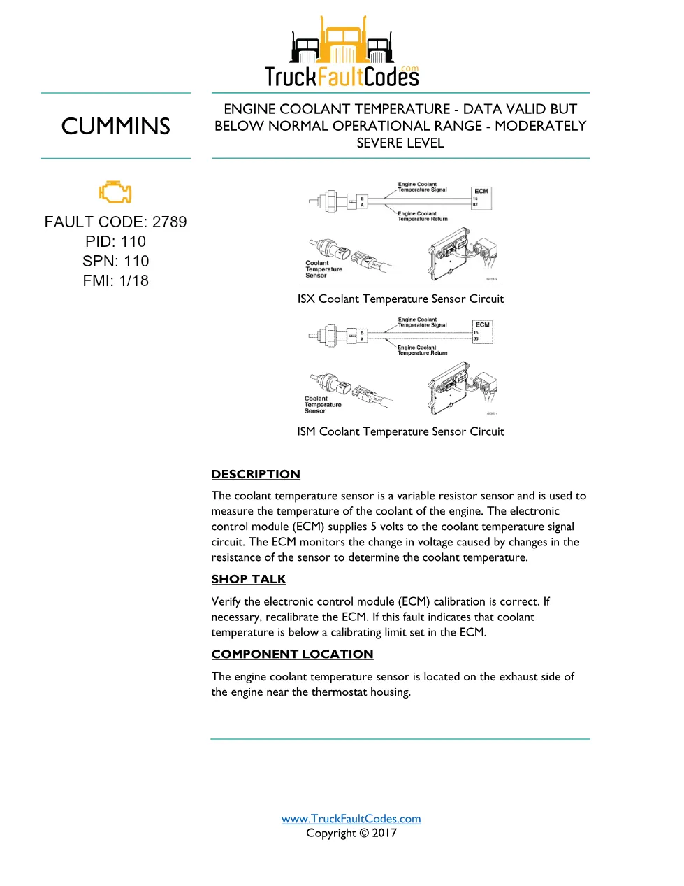 Cummins fault code 2789 — engine coolant temperature low – Guide - preview page 1 of 2