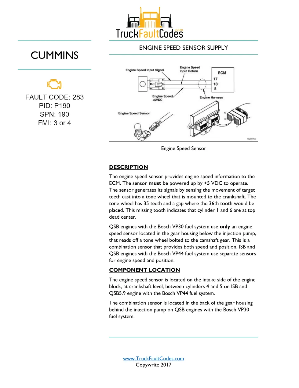 Cummins fault code 283 Troubleshooting Manual — Engine Speed - preview page 1 of 3