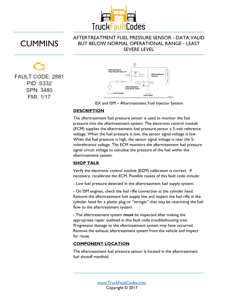 Cummins fault code 2881 — aftertreatment fuel pressure sensor - preview page 1 of 3