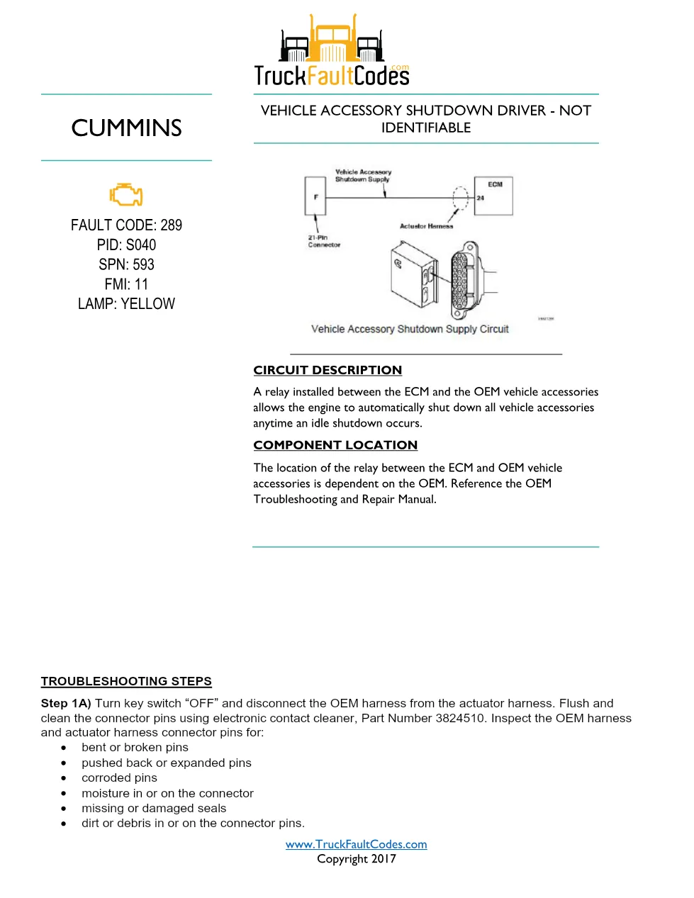 Cummins fault code 289 accessory shutdown driver troubleshooting - preview page 1 of 4