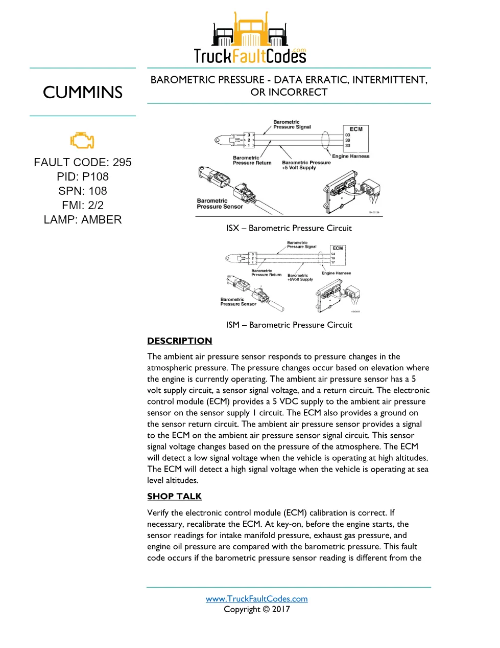 Cummins fault code 295 — ISM CM871 (2007-09) DTC manual — SPN - preview page 1 of 4