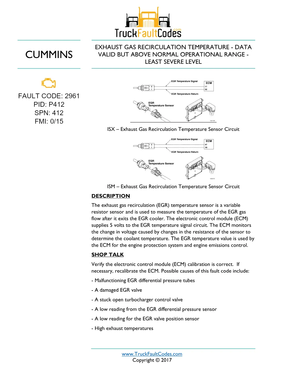 Cummins fault code 2961 — EGR temperature least severe — Cummins - preview page 1 of 3