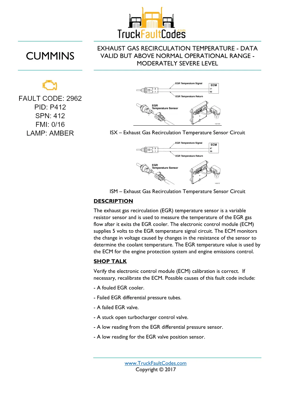 Cummins fault code 2962 — EGR temperature moderately severe - preview page 1 of 3