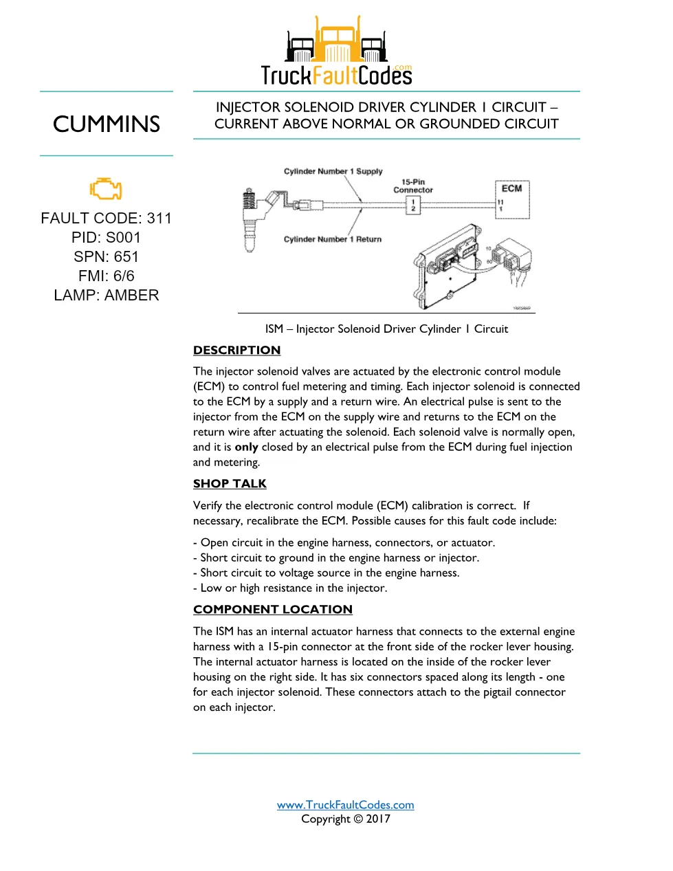 Cummins Fault Code 311 — ISM CM871 Injector Solenoid Driver - preview page 1 of 5