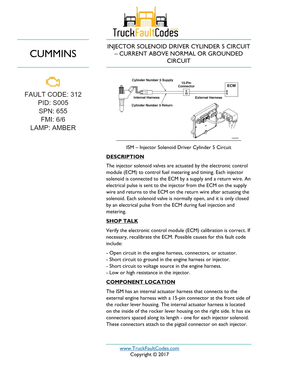 Cummins fault code 312 — ISM CM871 (2007-09) DTC manual — SPN - preview page 1 of 6