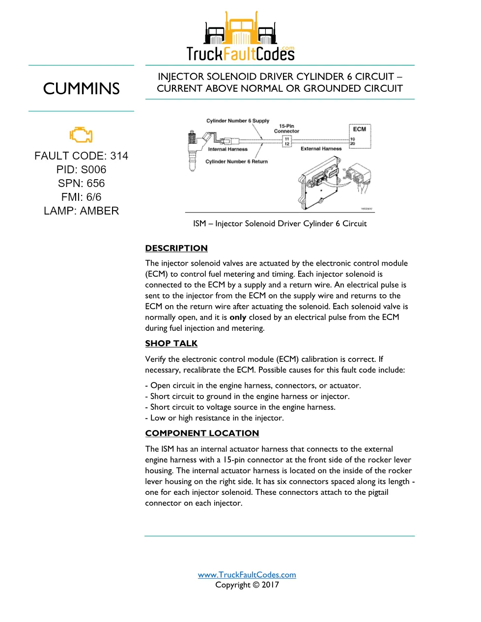 Cummins Fault Code 314 — ISM CM871 Injector Solenoid Driver - preview page 1 of 5