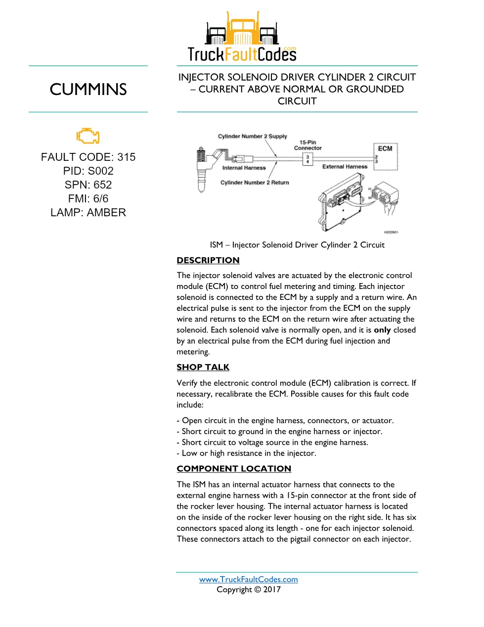 Cummins fault code 315 — ISM CM871 (2007-09) DTC manual — SPN - preview page 1 of 2