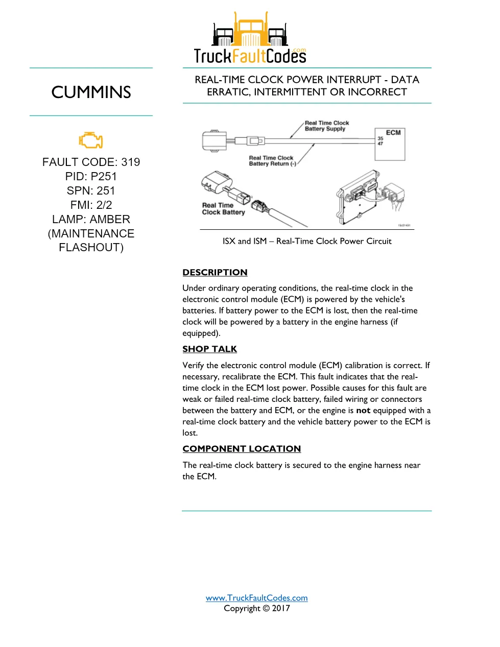 Cummins Fault Code 319 — ISM CM871 Real-Time Clock Power – Guide - preview page 1 of 5