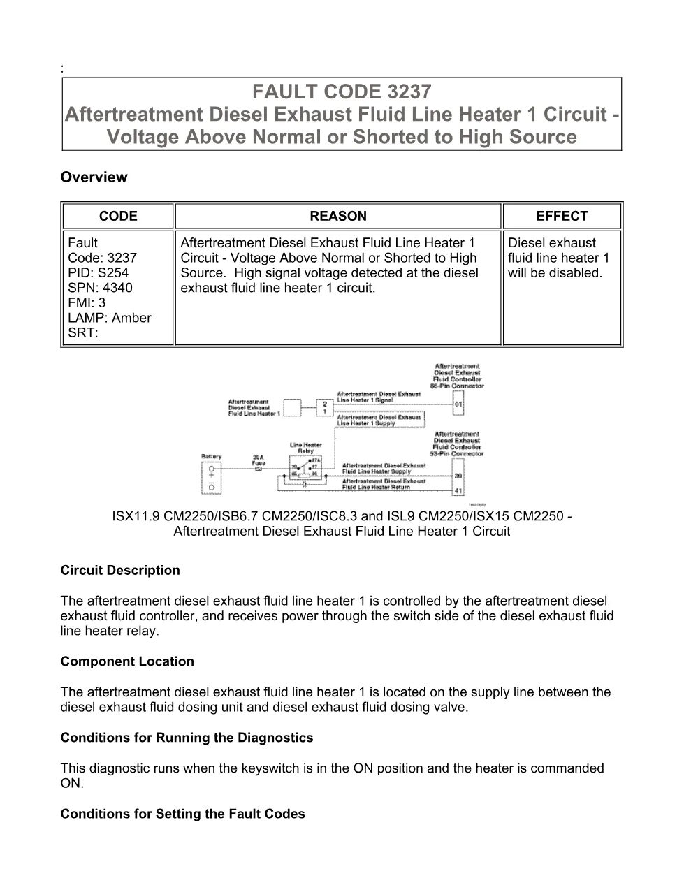 Cummins fault code 3237 manual — DEF line heater 1 circuit high - preview page 1 of 6