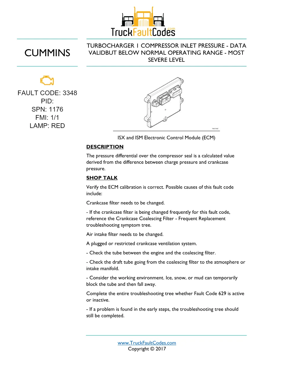 Cummins fault code 3348 — turbo compressor inlet pressure – Guide - preview page 1 of 4