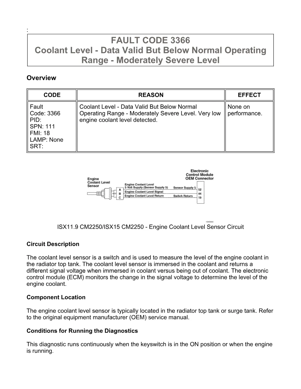 Cummins fault code 3366 — SPN 111 FMI 18 troubleshooting manual - preview page 1 of 6