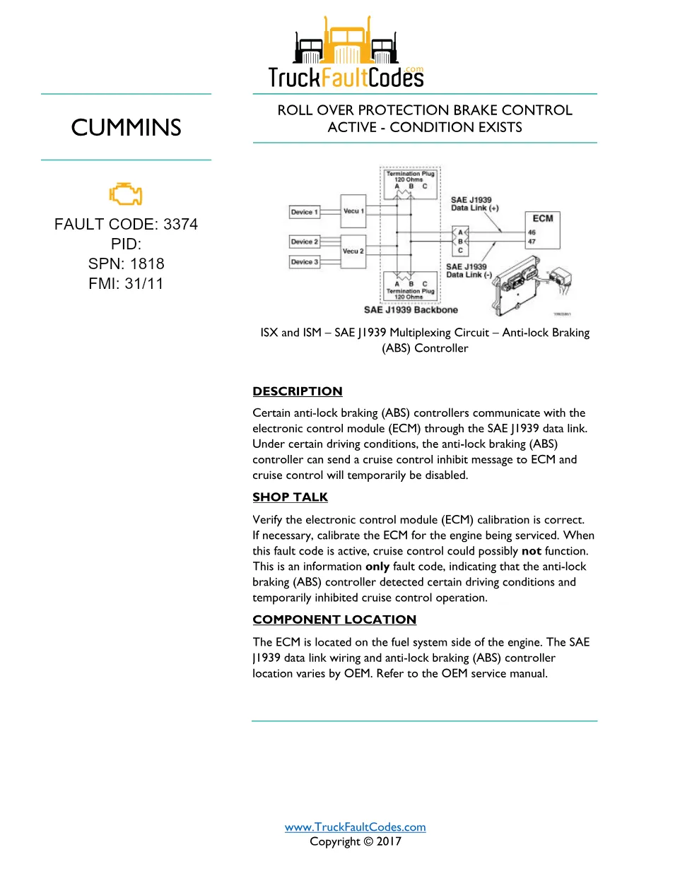 Cummins fault code 3374 — ABS SAE J1939 brake control — Cummins - preview page 1 of 2