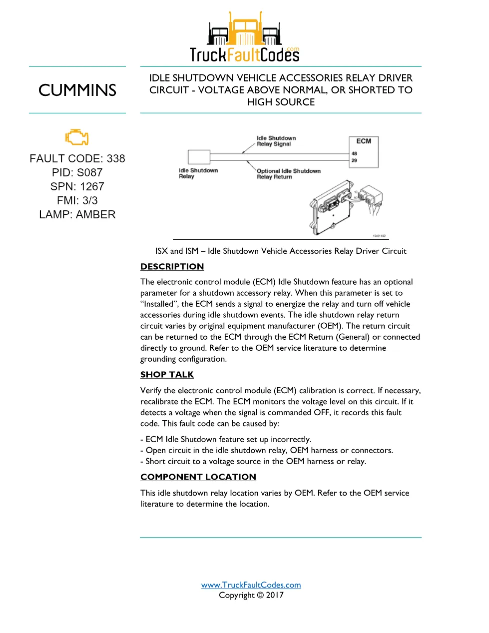 Cummins Fault Code 338 — ISM CM871 Idle Shutdown Relay Driver - preview page 1 of 5