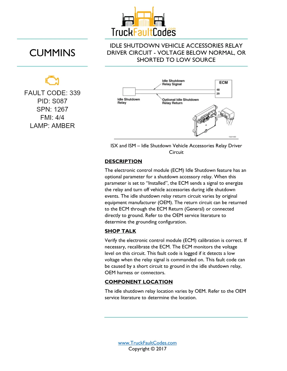 Cummins Fault Code 339 — ISM CM871 Idle Shutdown Relay Driver - preview page 1 of 6