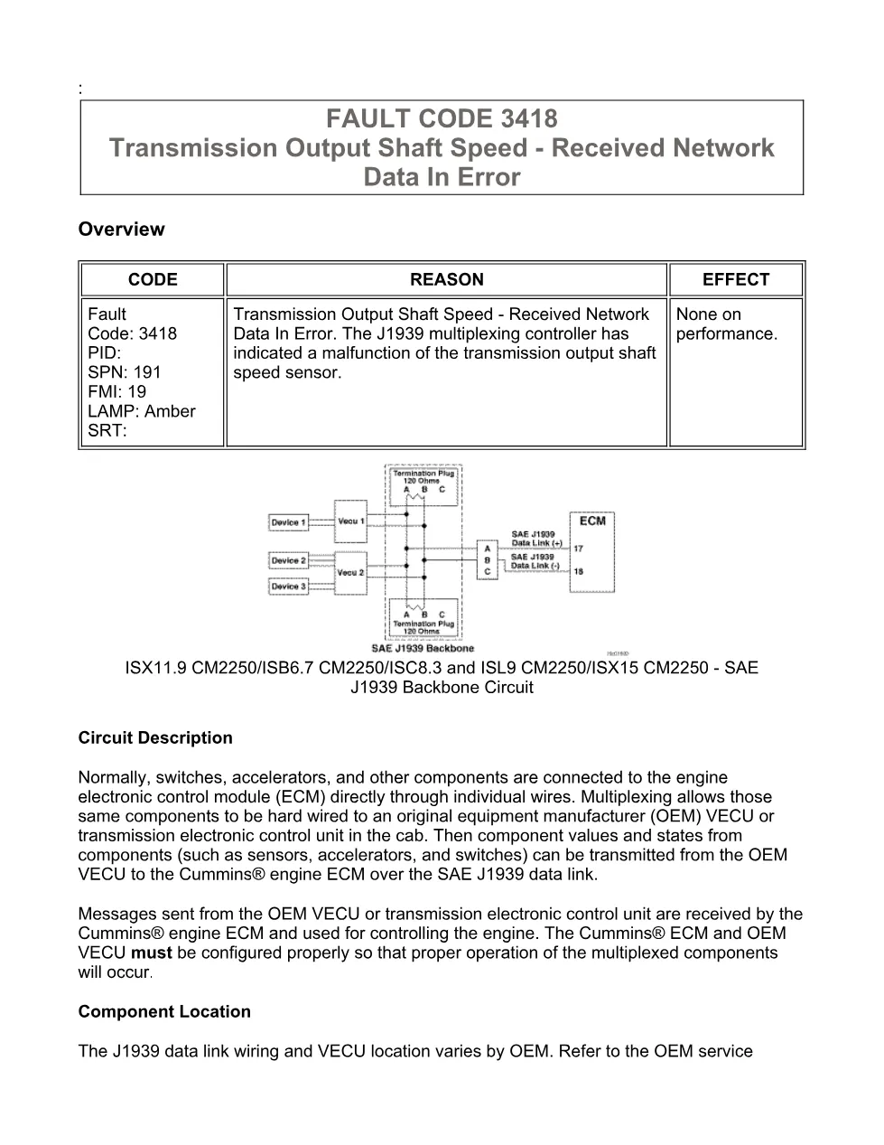 Cummins fault code 3418 — SPN 191 FMI 19 troubleshooting manual - preview page 1 of 6