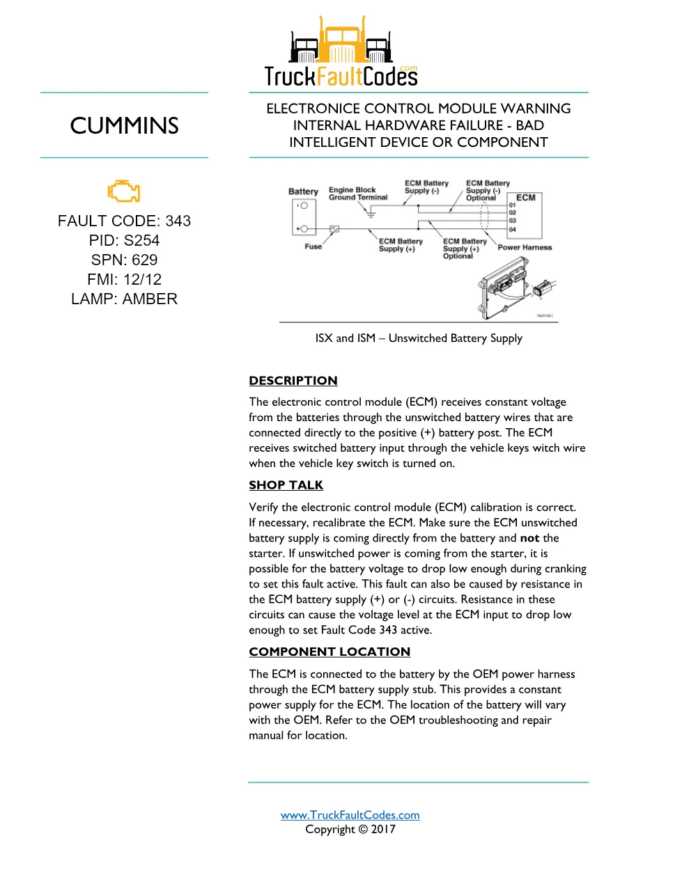 Cummins Fault Code 343 — ISM CM871 ECM Internal Hardware Failure - preview page 1 of 6