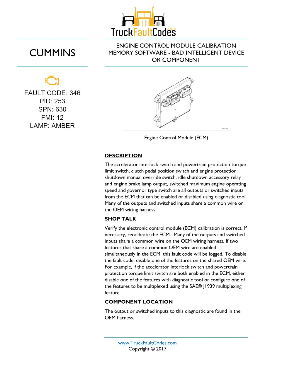 Cummins Fault Code 346 — ISM CM871 Engine Control Module – Guide - preview page 1 of 3