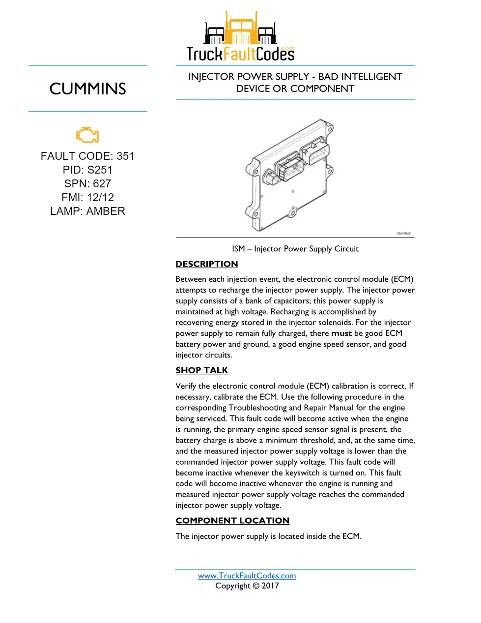 Cummins Fault Code 351 — ISM CM871 Injector Power Supply – Guide - preview page 1 of 4