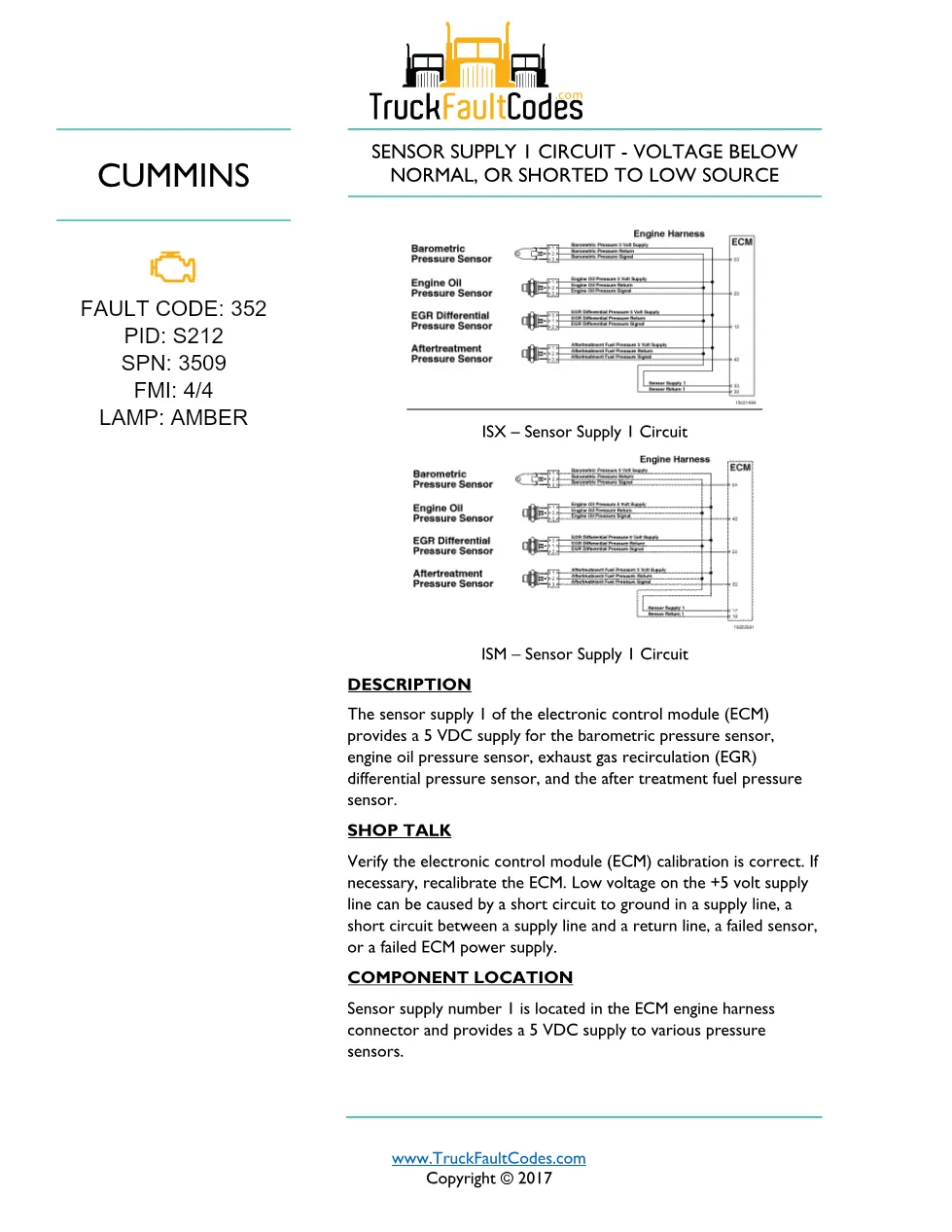 Cummins Fault Code 352 — ISM CM871 Sensor Supply 1 Circuit - preview page 1 of 5