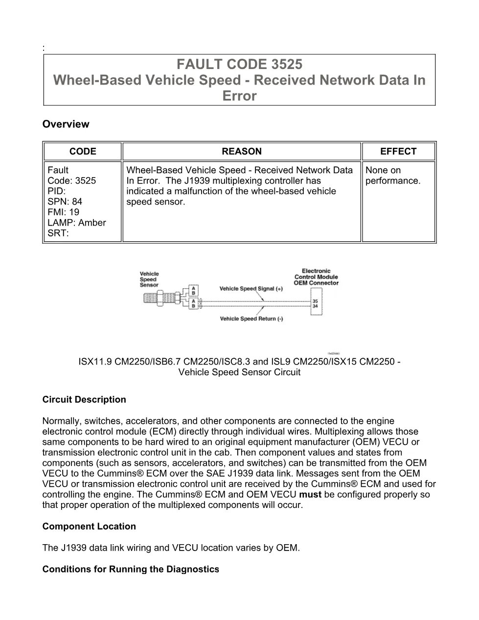 Cummins fault code 3525 — SPN 84 FMI 19 troubleshooting manual - preview page 1 of 6