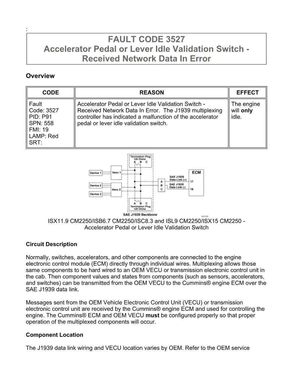 Cummins fault code 3527 — SPN 558 FMI 19 troubleshooting manual - preview page 1 of 6