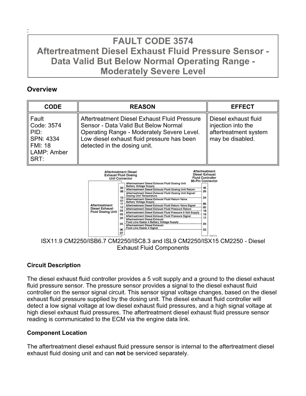 Cummins fault code 3574 — Aftertreatment DEF Pressure Sensor - preview page 1 of 6