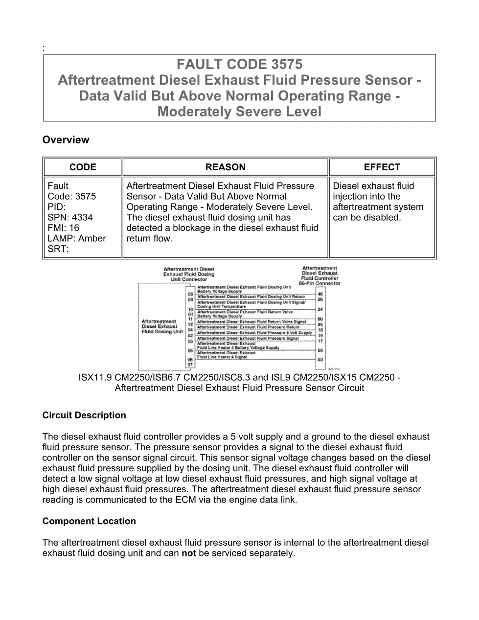 Cummins fault code 3575 — Aftertreatment DEF Pressure Sensor - preview page 1 of 6