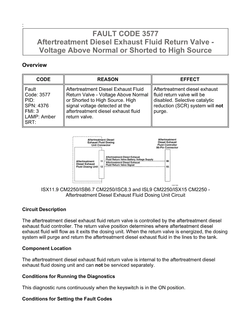 Cummins fault code 3577 – DEF return valve voltage high, ISX11.9 - preview page 1 of 6
