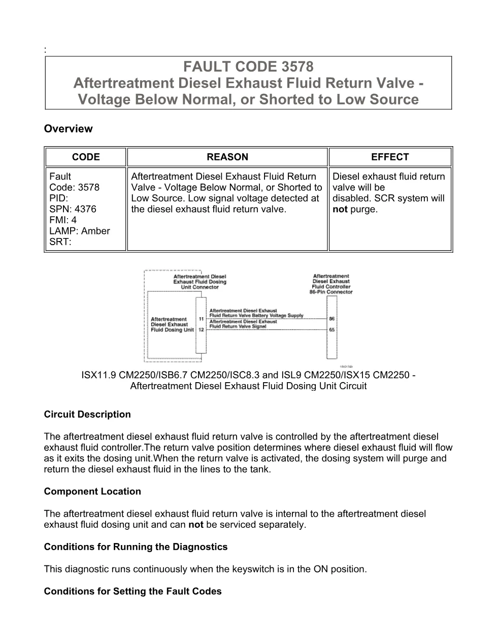 Cummins fault code 3578 – DEF return valve voltage low, ISX11.9 - preview page 1 of 6