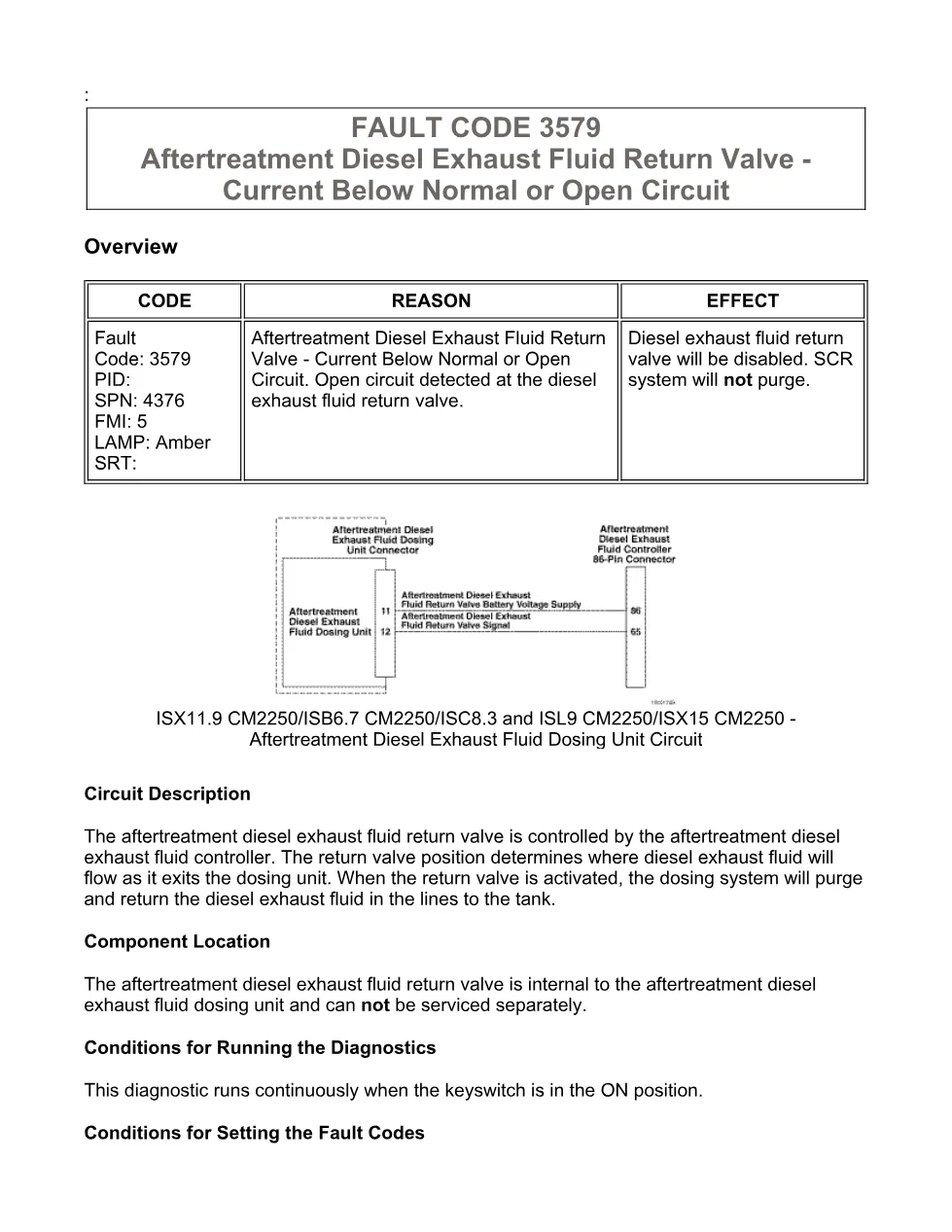Cummins fault code 3579 – DEF return valve open circuit, ISX11.9 - preview page 1 of 6