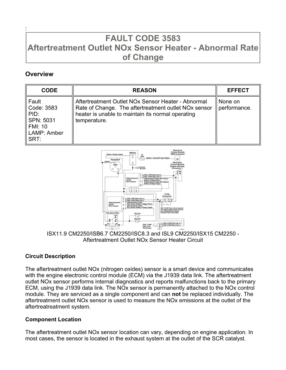 Cummins fault code 3583 – outlet NOx sensor heater, ISX11.9 – PDF - preview page 1 of 6
