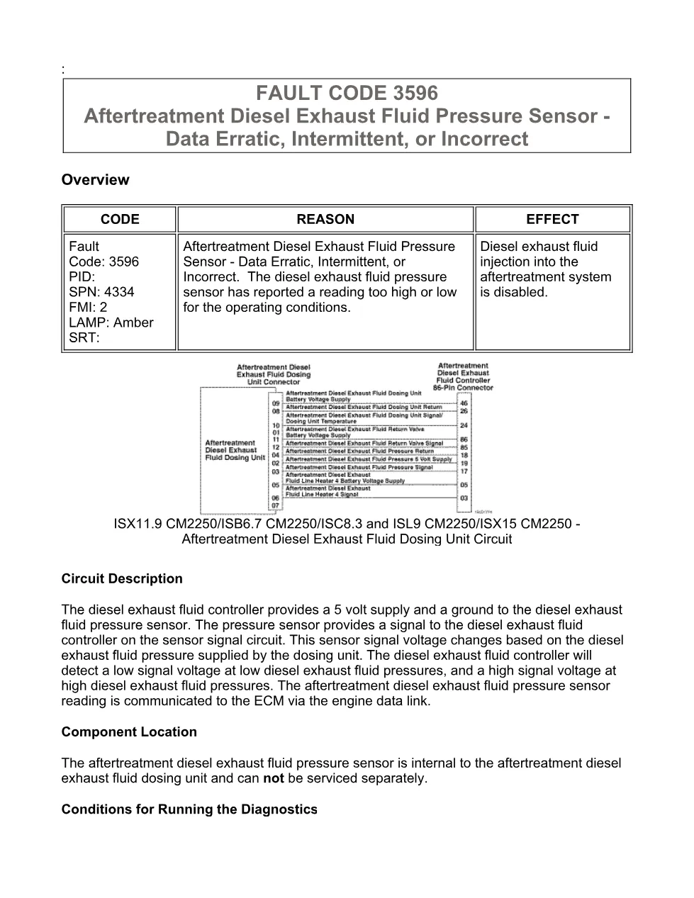 Cummins fault code 3596 – DEF pressure sensor, ISX11.9 CM2250 - preview page 1 of 6