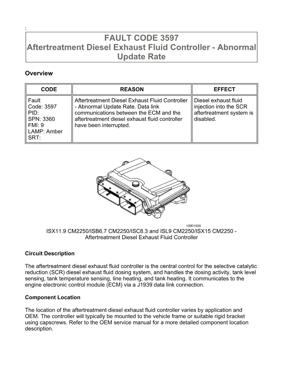 Cummins fault code 3597 – DEF controller update rate, ISX11.9 - preview page 1 of 6