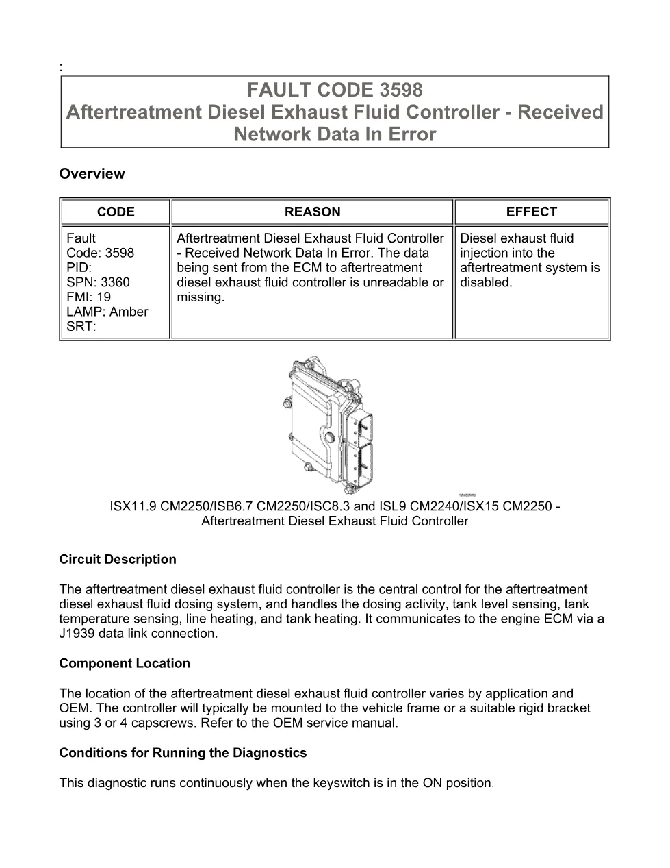 Cummins fault code 3598 – DEF controller network data, ISX11.9 - preview page 1 of 6
