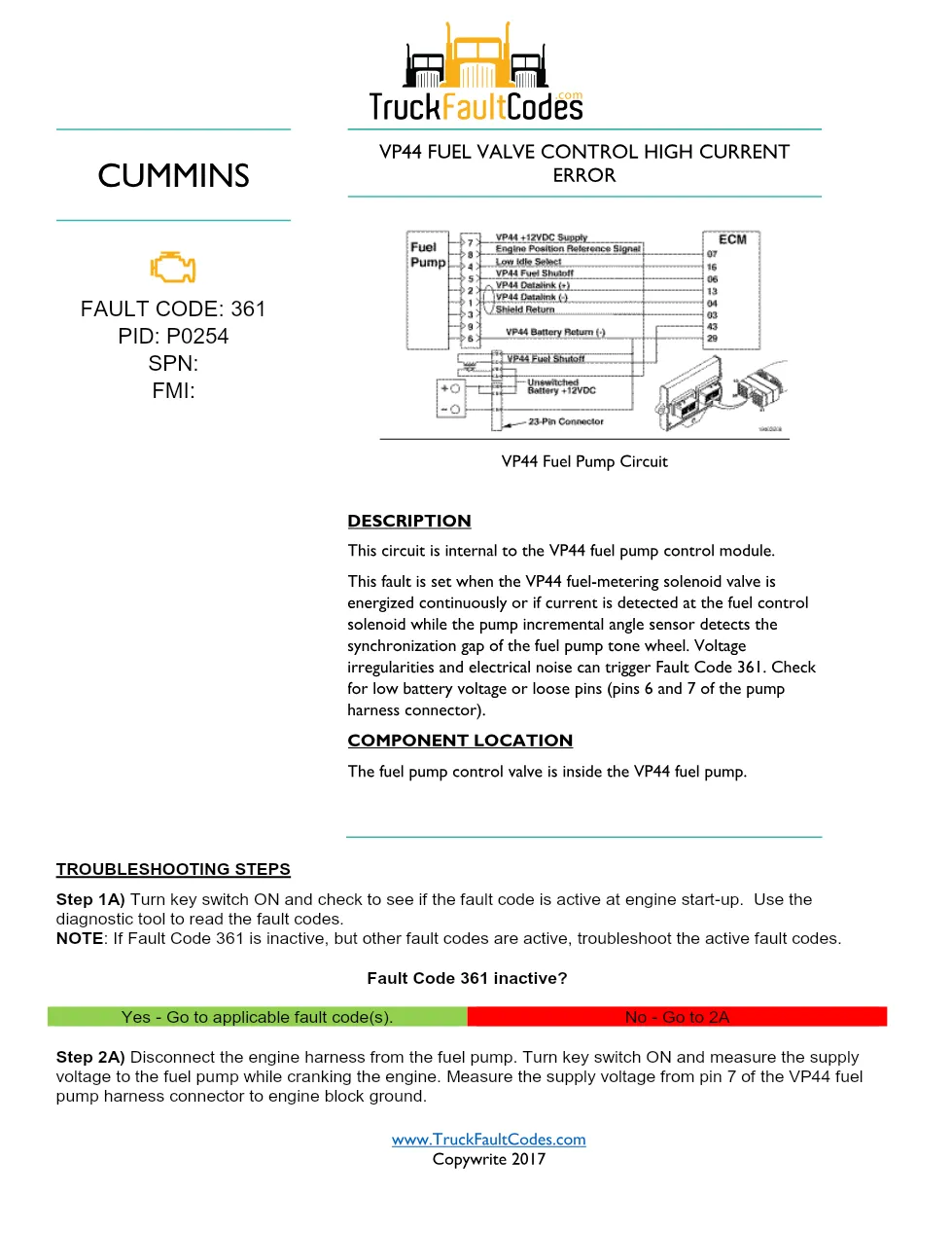 Cummins Fault Code 361 Troubleshooting Manual — VP44 Fuel Pump - preview page 1 of 3
